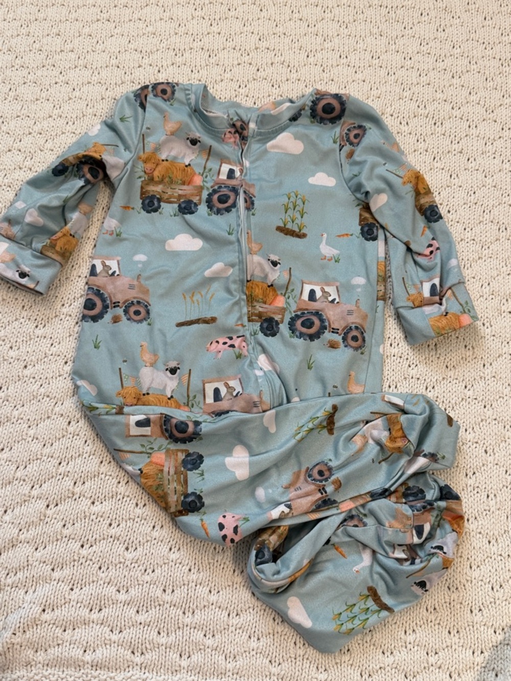 Baby Sleeper Gown with Farm Animal & Tractor Print - Light Blue